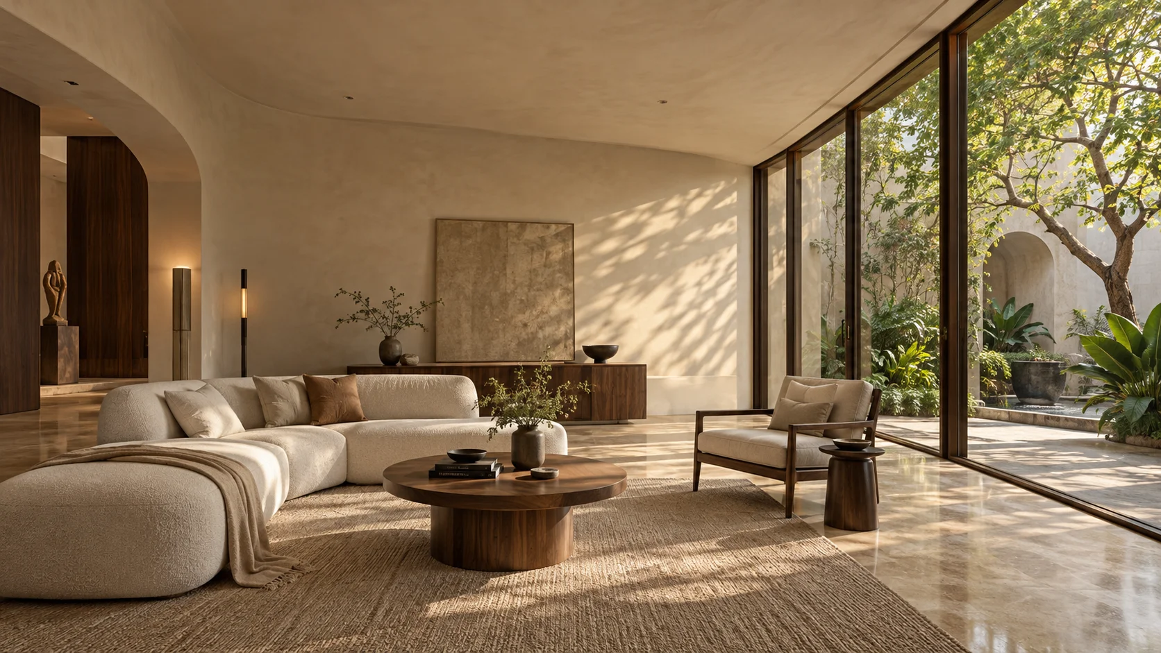 Architectural concept of a warm living room with walnut furniture and courtyard glazing